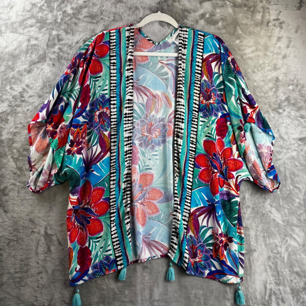La Blanca Kimono Women One Size Multi Tropical Floral Tassel Coverup (1805)
